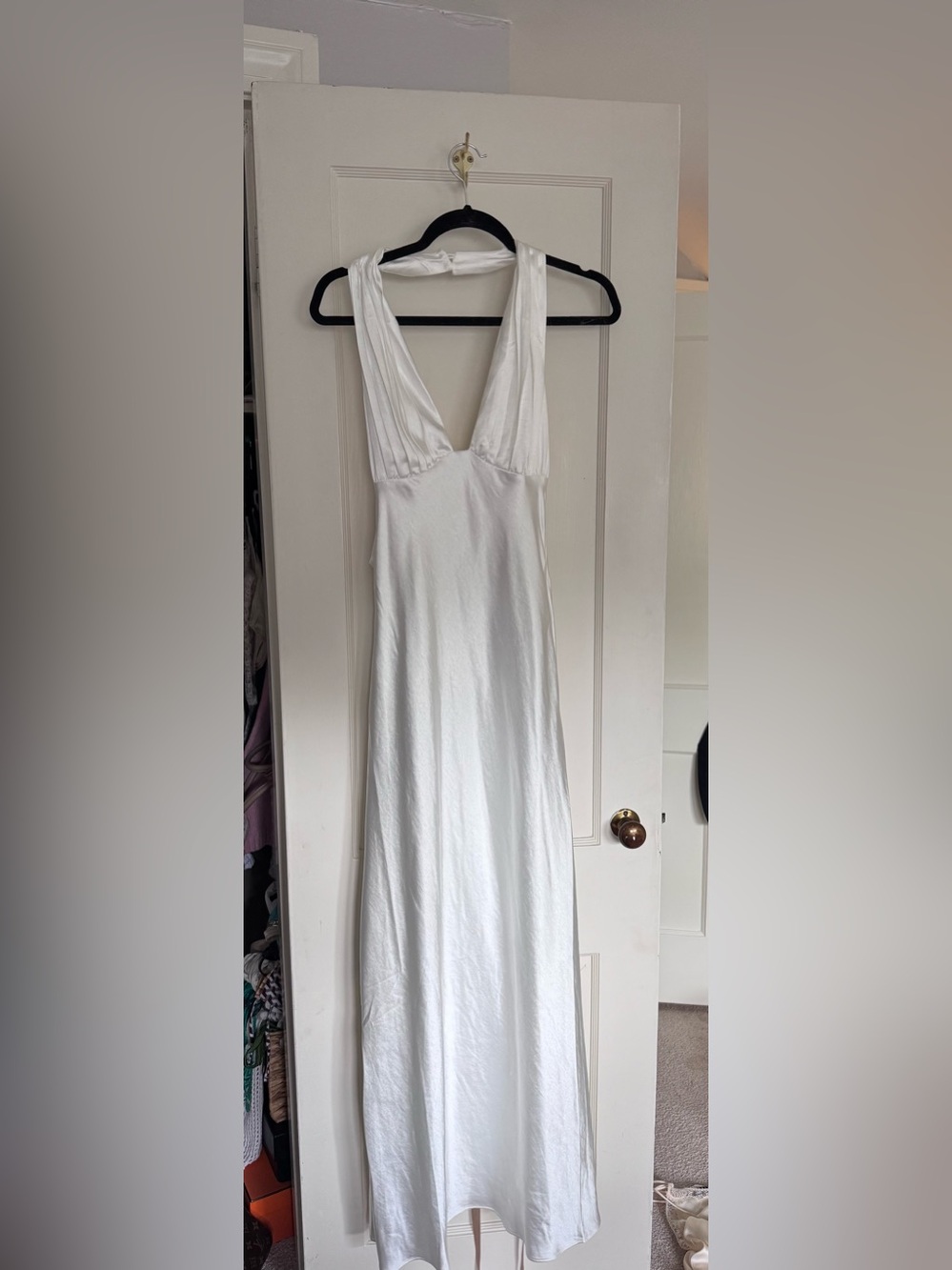 Meshki White Satin V-Neck Slip Gown